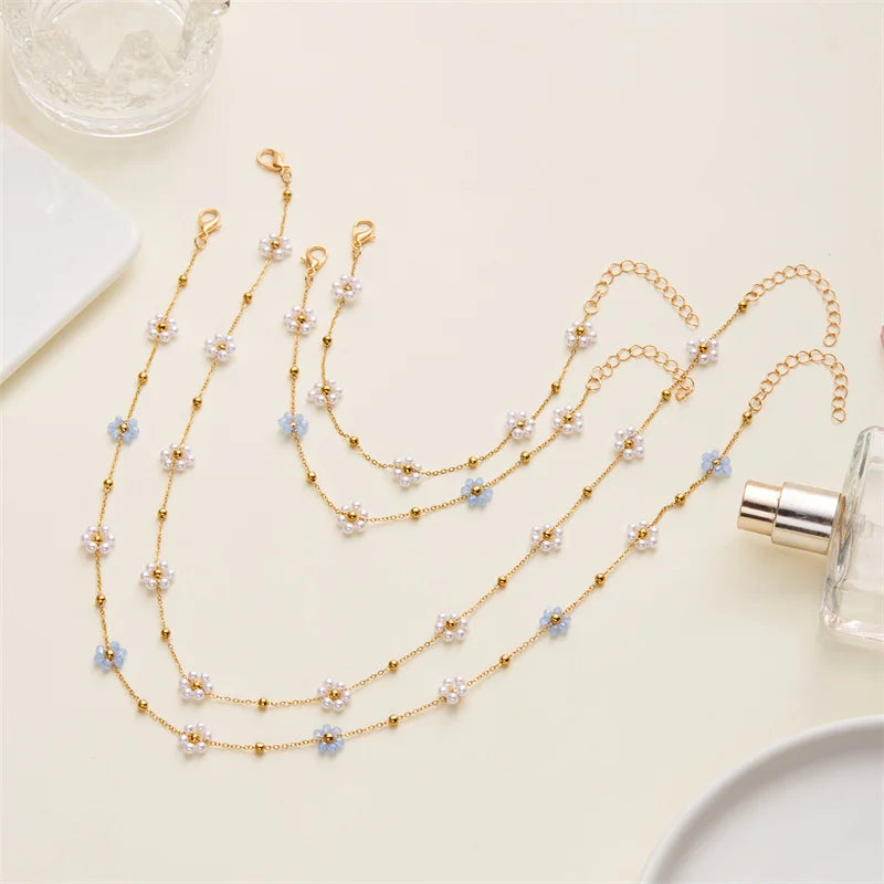 Sweet Imitation Pearl Flower Bracelet Jewelry Set for Women's Hand Neck Fashion Metal Chain Necklace Boho Accessories Gifts