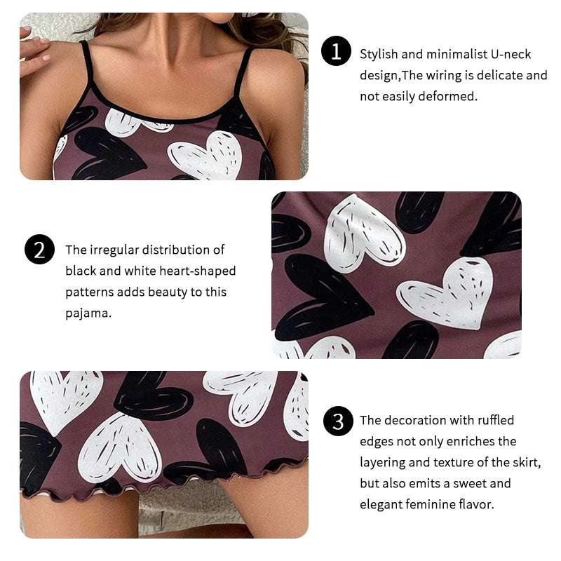 Womens Nightdress Summer Casual Sleepwear Soft Comfort Nightgown Heart Print Round Neck Lettuce Trim Cami Sleep Dress Loungewear Viralgem Store