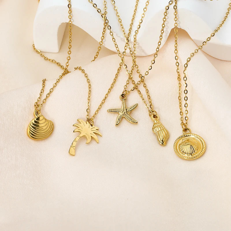 Tarnish Free Stainless Steel Waterproof Jewelry Starfish Conch Shell Coconut Palm Pendant Necklace for Women Girls Holiday Gift