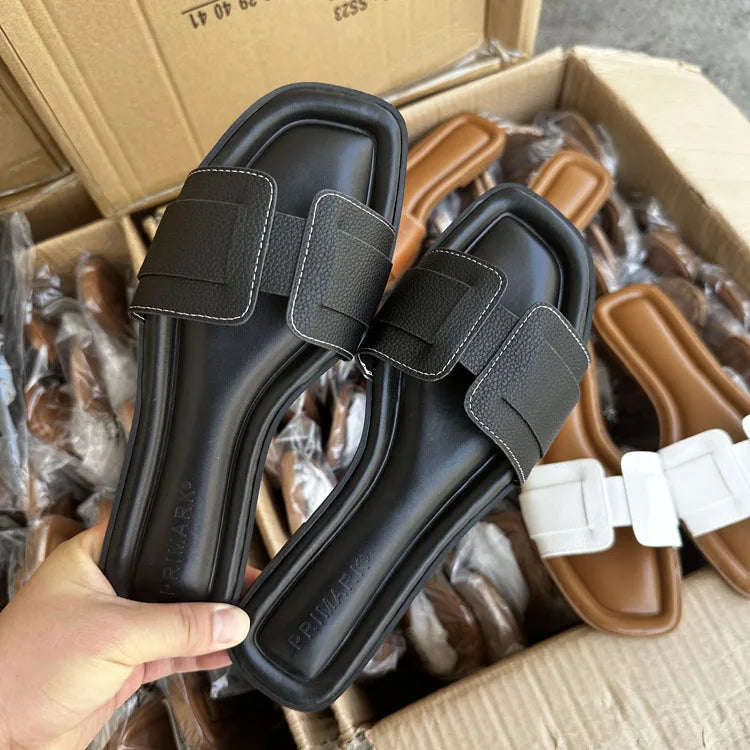 2024 Women Modern Slippers Summer Outdoors Comfortable Flat Slippers Luxury Leather Slippers Casual Slides Shoes Females Sandals