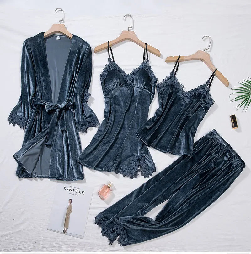 TOP Casual Velour Home Clothing 4pcs Sleep Set Intimate Lingerie Women Pajamas Suit Long Sleeve Lace Velvet Homewear Pyjamas Viralgem Store