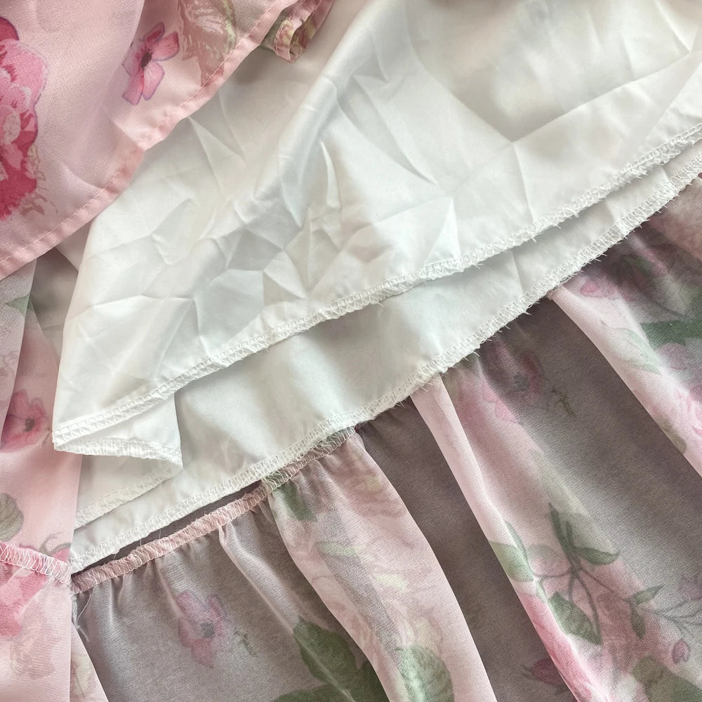 Spring Autumn Women Floral Chiffon Long Dress Vintage Purple/Pink/Black/Beige Stand Collar Single Breasted Maxi Robe Elegant New Viralgem Store