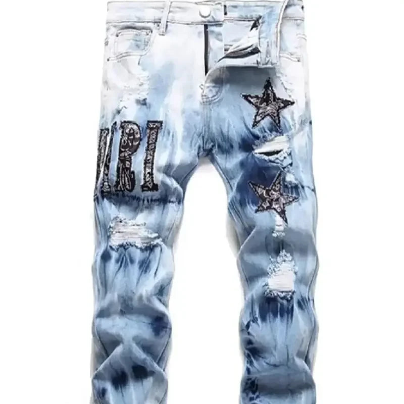 Y2K Star Embroidery Broken Hole Jeans Tie Dyed  Light Blue Cotton Stretch Streetwear Fashion Brand Men's Skinny Denim Pants