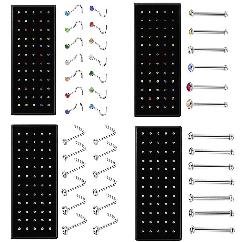 40/60Pcs Straight Nose Stud Curved Pack Crystal Nose Ring Set Stud Lot Nariz Nase Pircing Nose Ring Set Bend Piercing Non-Pack