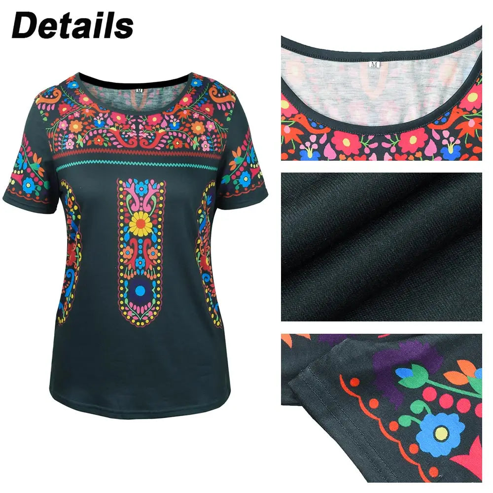 Women's Boho Floral Printed Short Sleeve Round Neck T-Shirt Tops Ladies Summer Casual Loose Blouse Clothing Plus Size Oversized