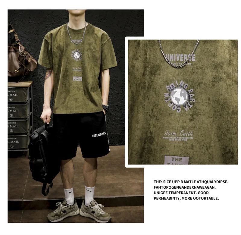 Summer Graphic Printed Suede Short Sleeve T-shirt For Men 2024 New Y2K Streetwear Oversized Tee Shirts Hip Hop O-Neck Tops