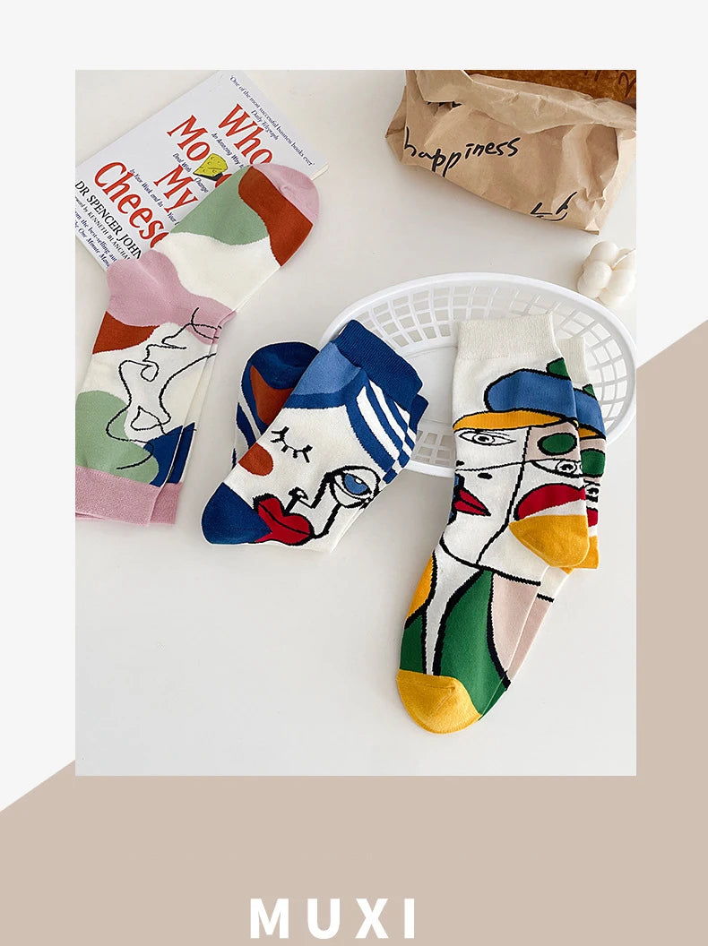 5 Pairs Personality Tide Socks Graffiti Socks Funny Korean Version Sports Couple Socks Harajuku Style Colorful Cute Flower Socks