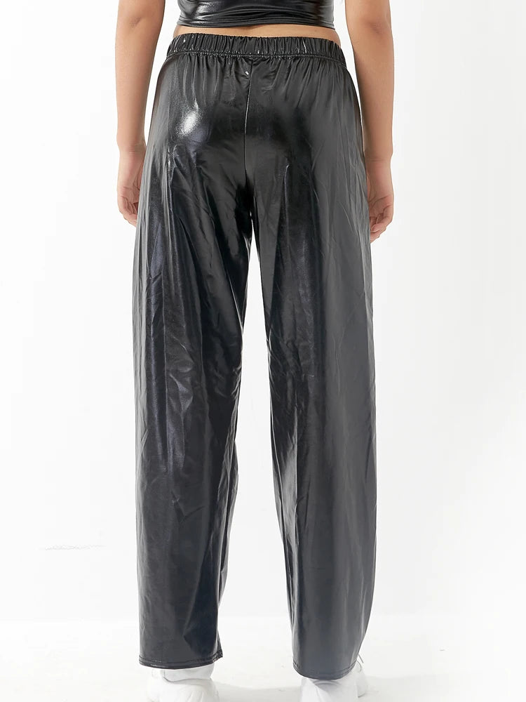Women Adult Shiny Straight Leg Pants Casual High Waist Metallic Pants Super Long Holographic Pants Disco Bottoms Viralgem Store