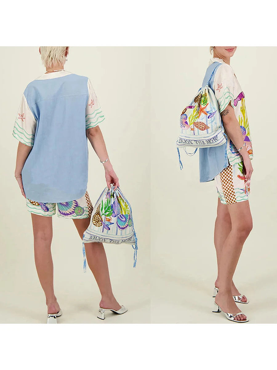 Women 2 Piece Shorts Outfits Ocean Print Button Short Sleeve Lapel T-Shirt and Elastic Shorts Club Streetwear Clothes Pjs Lounge