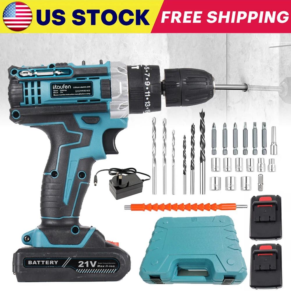 21V Cordless Drill Electric Screwdriver Mini Wireless Power Driver Lithium-Ion Battery Home DIY Cordless Drill Set