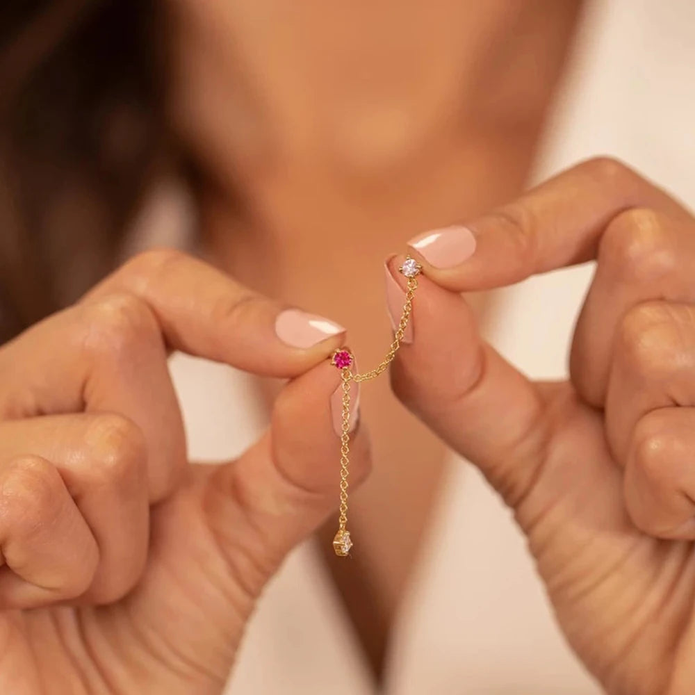 Aide 925 Sterling Silver 1pc Four Zircons Charm Chain Tassel Earrings For Women Double Studs Sparkling CZ Pave Cartilage Clips