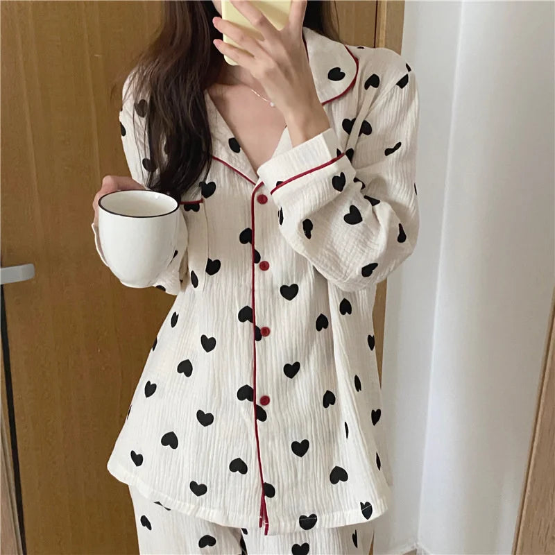 2 Pieces Womens Pajamas Long Sleeve Sleepwear Korean Heart Print Pijama Set Casual Nightwear Lady Home Suit Spring Pyjama Nighty