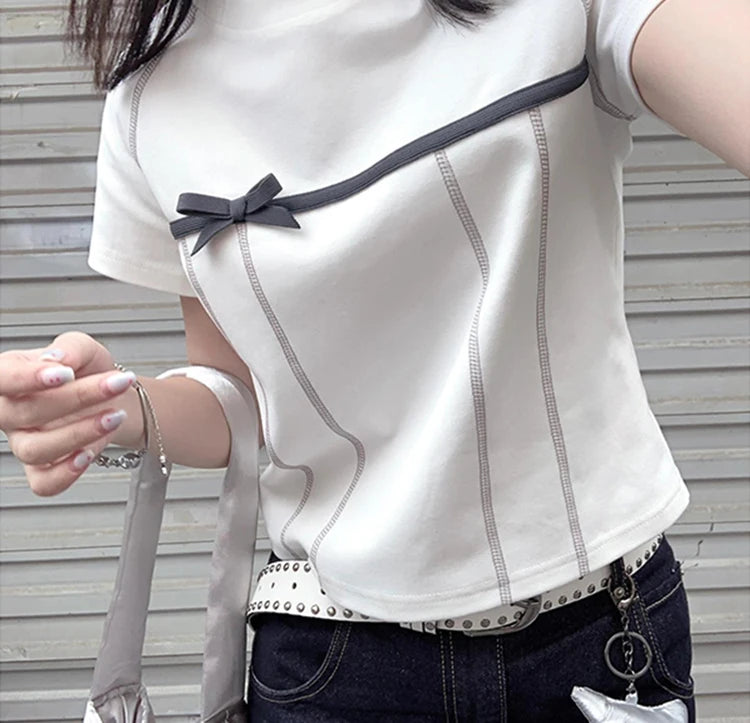 Yedinas High Quality Cotton T Shirt Women Clothes Korean Fashion Summer Tops Short Sleeve Bow Bright Line Decoration Tees Y2k