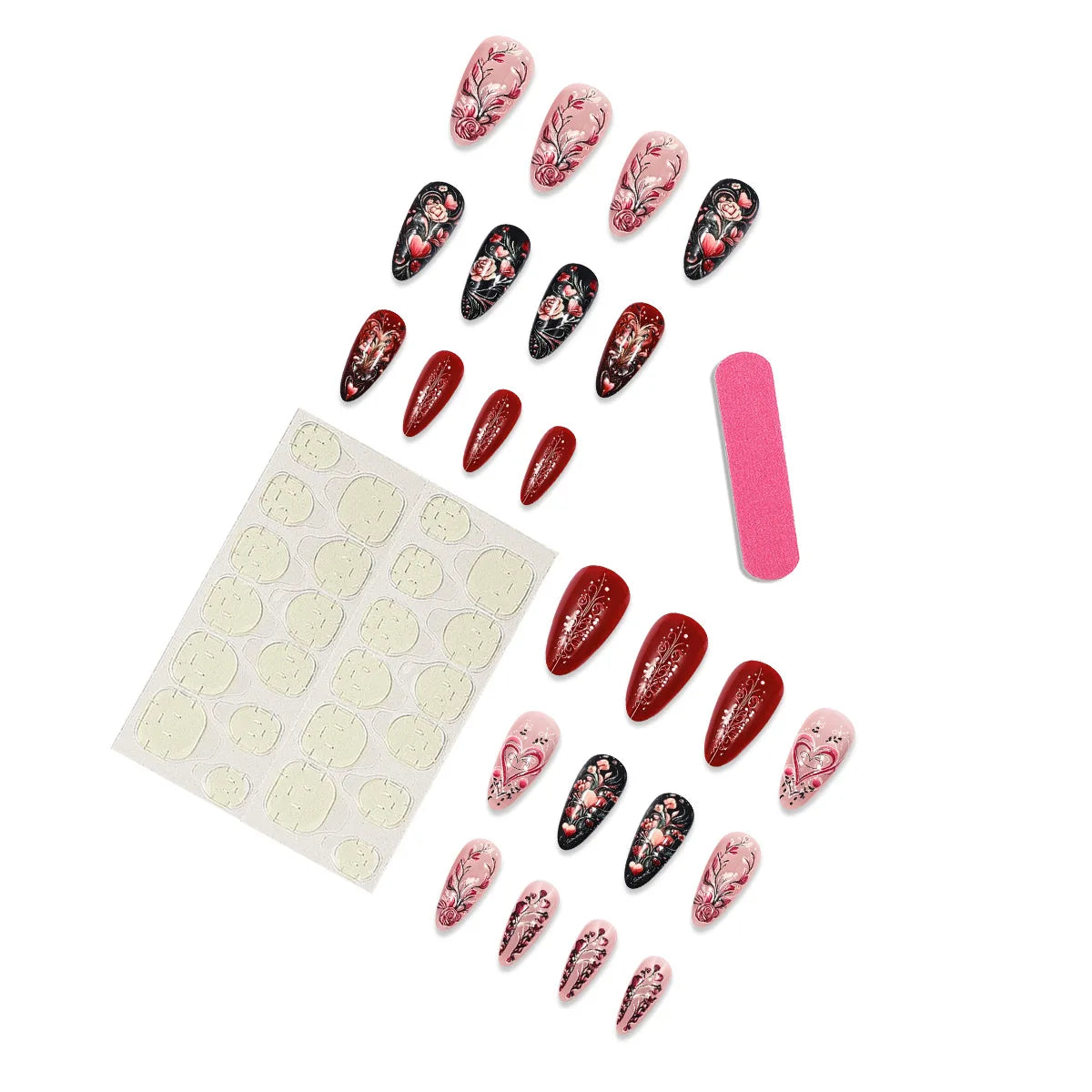 24pcs/set short Medium fake nails square ballet almond nail tips pink beautiful heart for Valentine's Day press on false nails