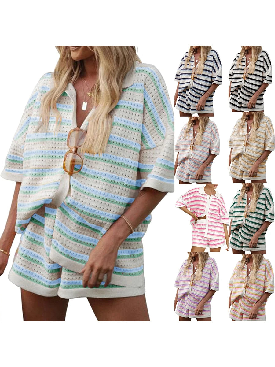 Womens Short Sleeve Striped Pajama Sets 2 Pieces Loungewear Color Block Crochet Knit Button Top and Shorts Lounge Sets Sleepwear Viralgem Store