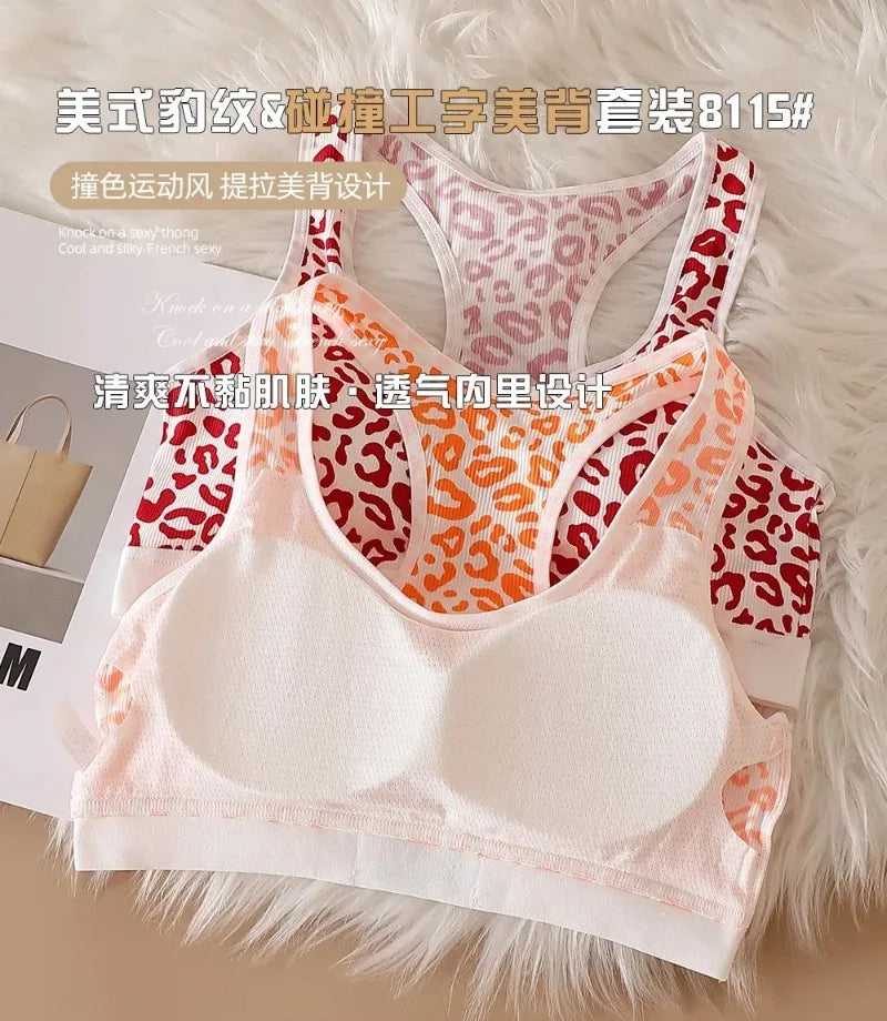 Women Seamless Bra Set Low Waist Panties Leopard Bralette Sexy Lingerie Set Vneck Sport Brassiere Female Cotton Underwear Set