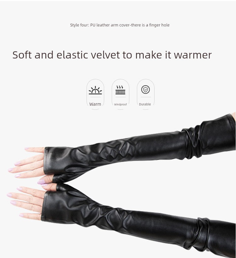 Women's Velvet Open Finger Black Oversleeve Leather Gloves
