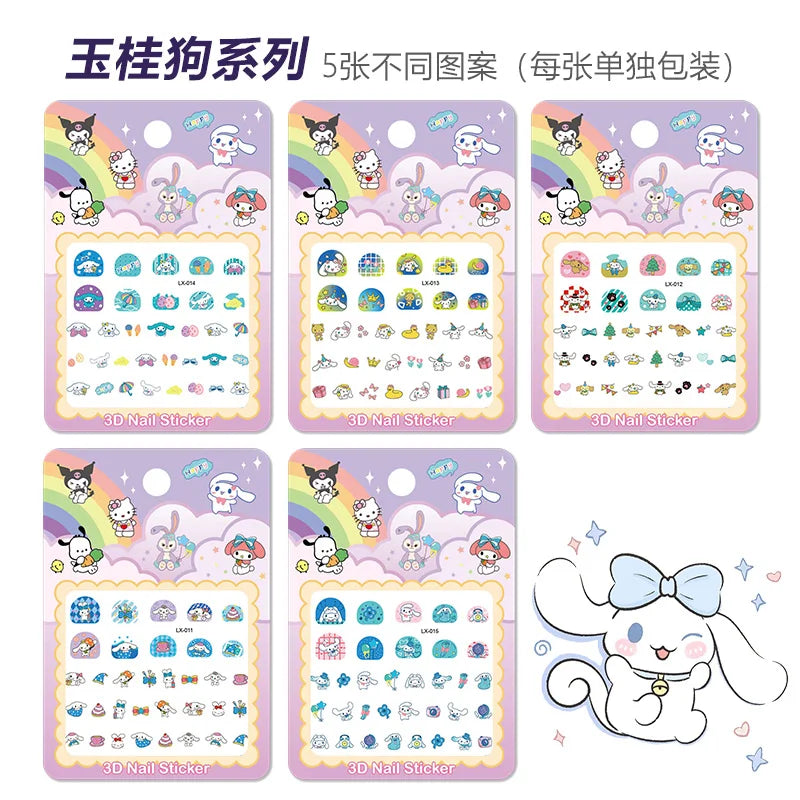 5pcs/set Children Cartoon Luminous Nail Stickers Sanrio Hello Kitty Melody Kuromi Glow In The Dark Adhesive Slider Manicure Deca