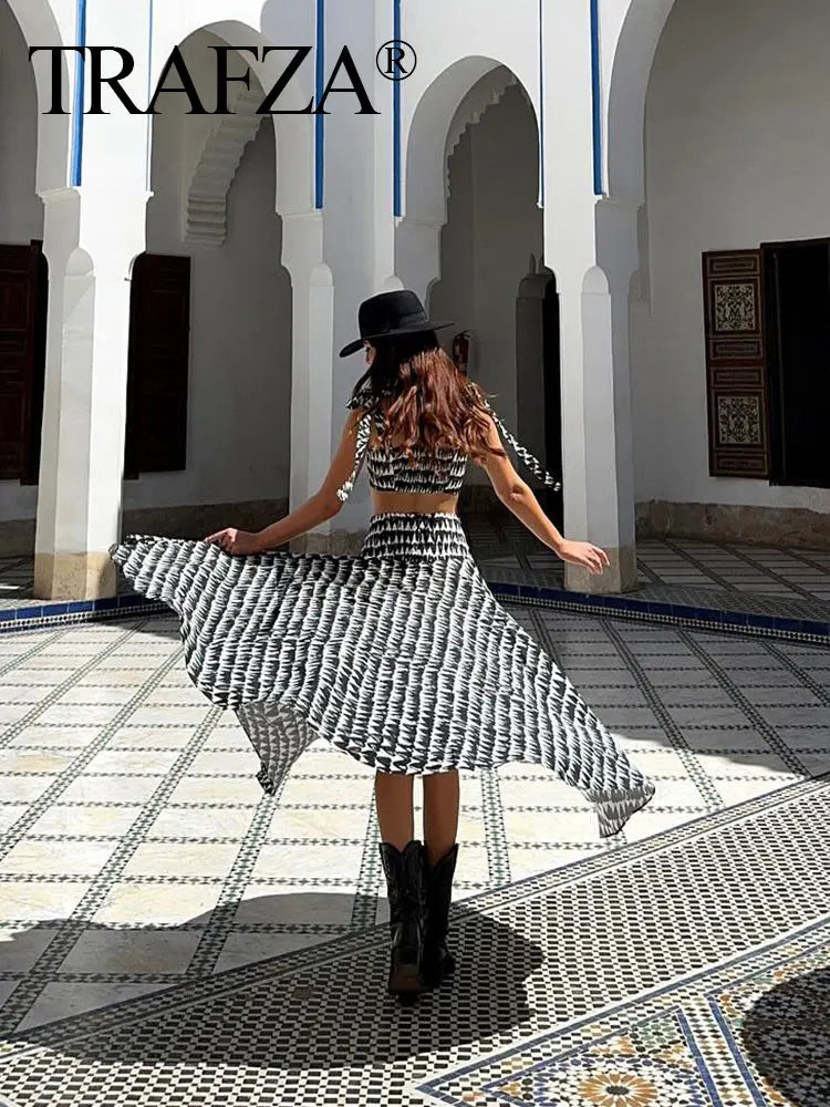 TRAFZA Women Fashion Geometric Print Skirt Zipper Fly High Waist Slim Midi Skirts Vintage Y2k 2024 Women Casual Streetwear TRAF Viralgem Store