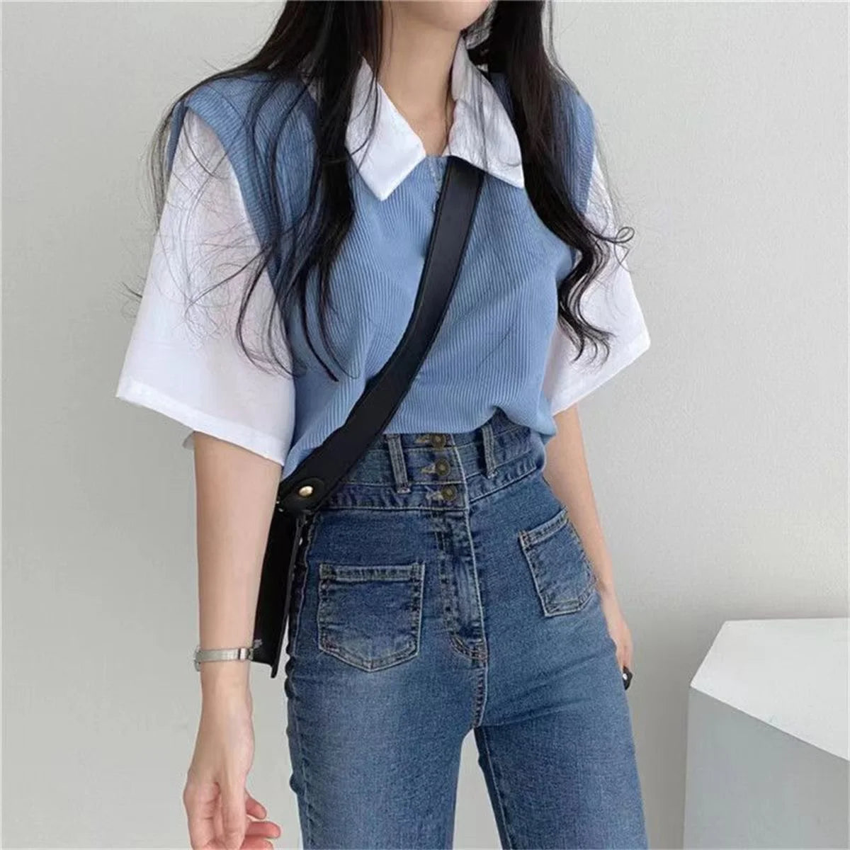 Summer Academy Style Color Blocking Polo Collar Top Fake Two-piece Short Sleeve T-shirt Women Lazy Loose Casual Versatile Blouse Viralgem Store