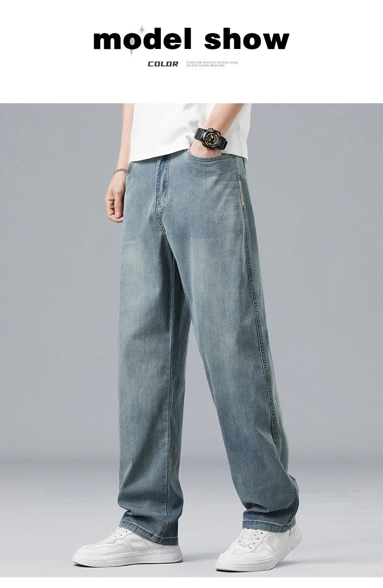 2025 New Summer Ultra-thin Lyocell Men's Jeans Drape Soft Fabric Loose Straight Casual Denim Pant Elastic Ice Silk Male Trousers