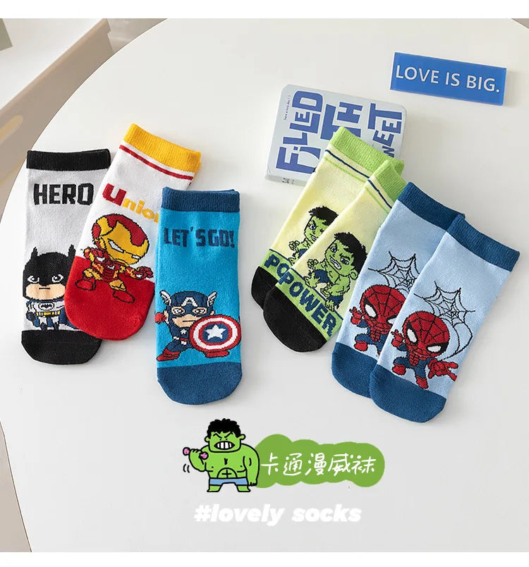 5 Pairs Spiderman Cotton Children's Socks iron Man Hulk Thor Anime kids Boys Short Socks Cartoon Baby Spring Summer Sock Y