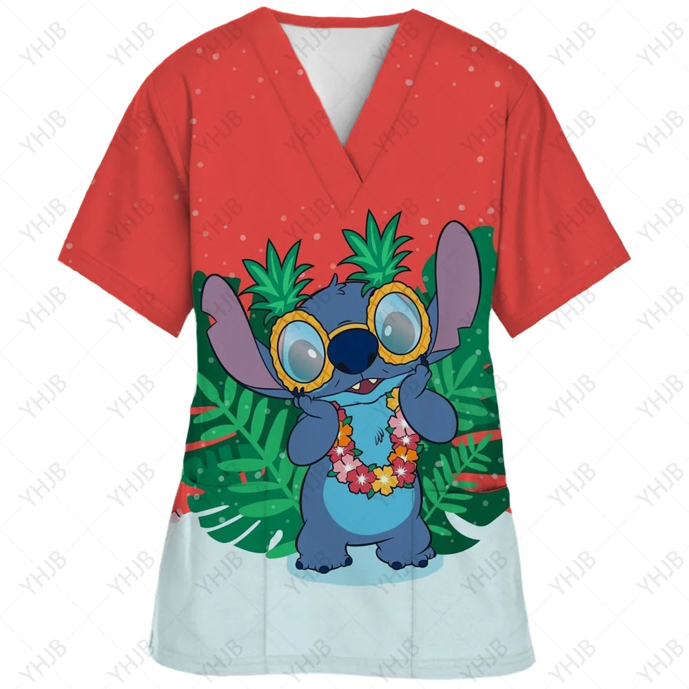 Top Women 2024 Minnie Mouse Tops Disney T Shirt Pocket T-shirts Hospital T-shirt Summer Nurse Uniform Woman Clothes Mickey Tees