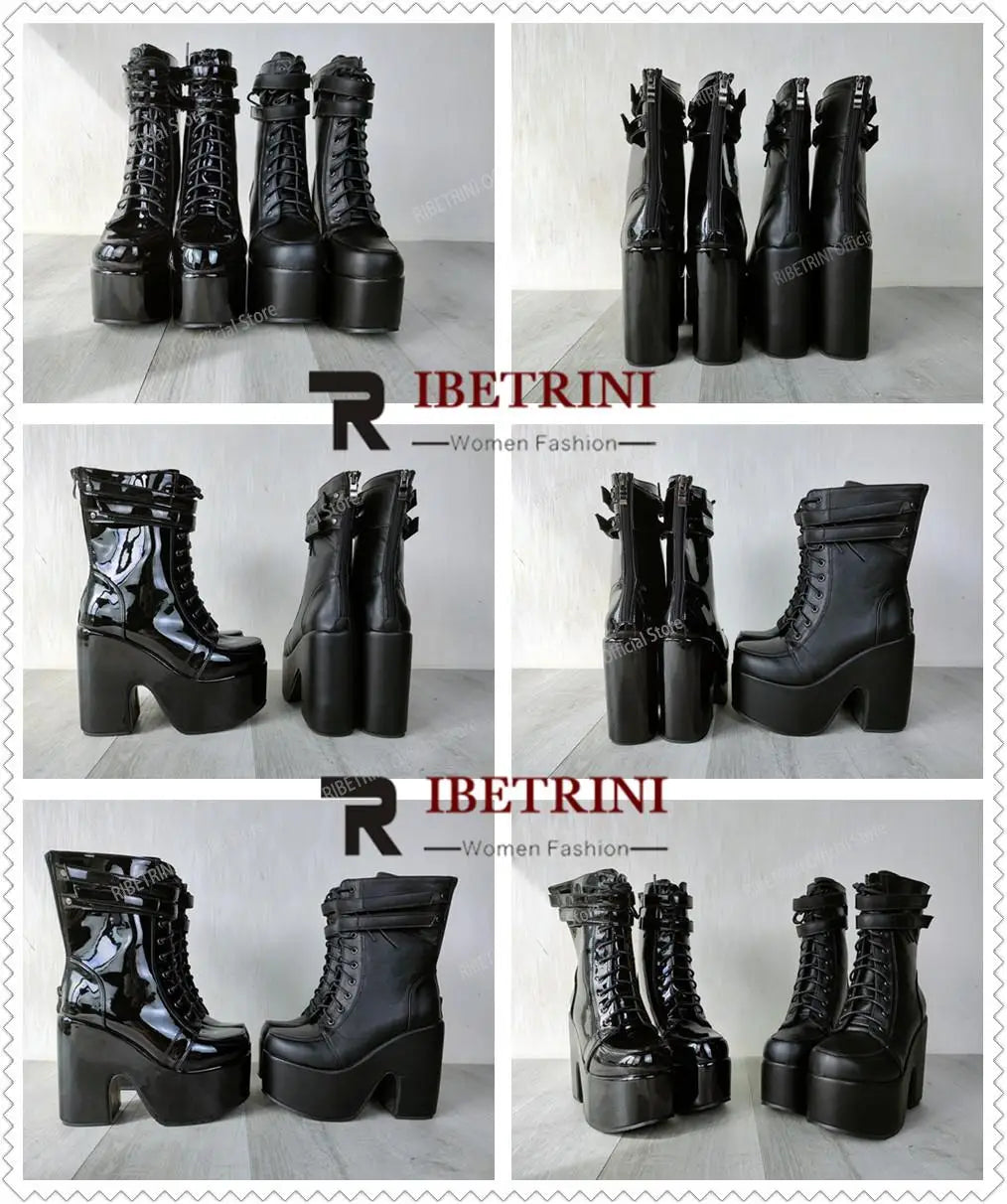 2023 Platform High Heel Cool Punk Fashion Women's High Quality Girls Goth Shoes Black Big Size 43 Cross-tied Casual Luxury Boots