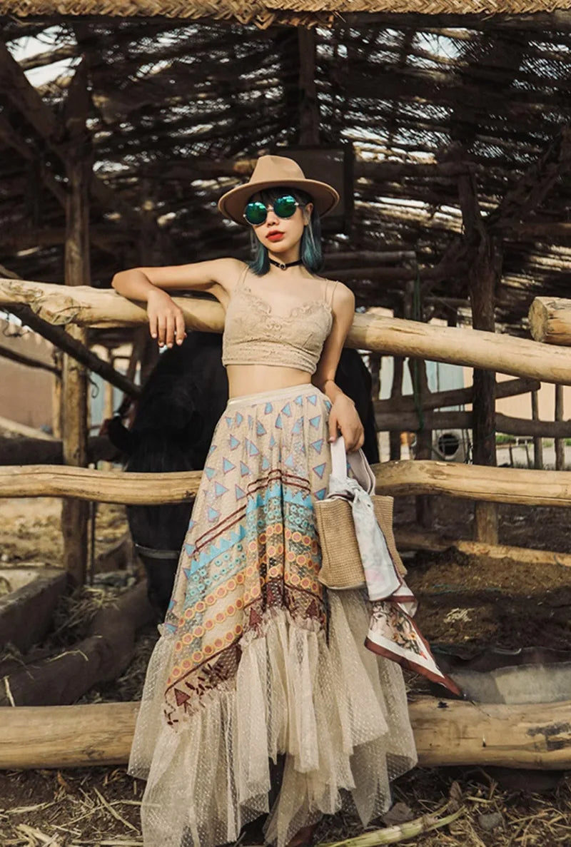 Women‘s Travel Holiday Wear Bohemian Colorful Embroidery Lace Ruffles Skirt Asymmetrical Hem Skirt Female Shiny Gold Mesh Skirts