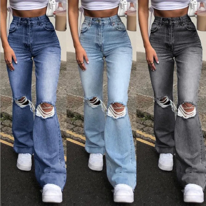 Women's Spring and Fall New Fashion Casual Ripped High-waisted Slightly Flared Pants Jeans Slim-fit Wash Jeans Long Pants Y2k Viralgem Store