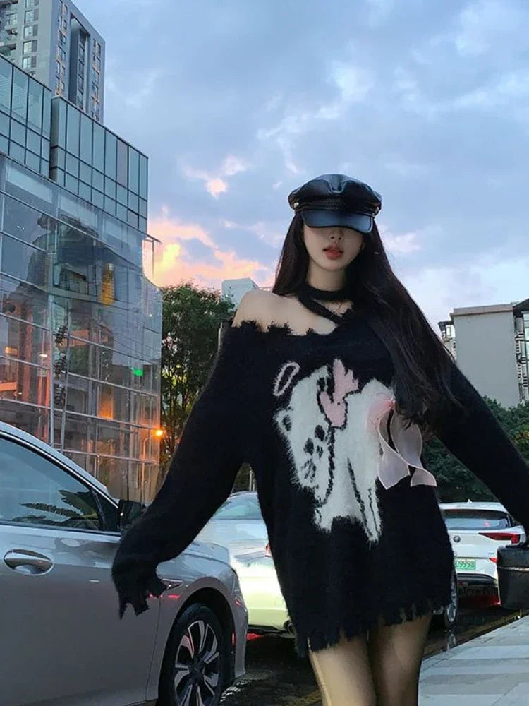 Women's Black Gothic Pullover Knitted Sweater Elegant Harajuku Y2k Long Sleeves Oversize Sweaters Jumper Vintage 2000s Clothes