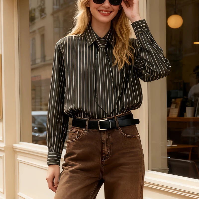 Womens Striped Shirt With Tie And Turn Down Collar Long Sleeves Fashionable And Versatile A Must Have Item For Spring And Autumn Freshlook Styles