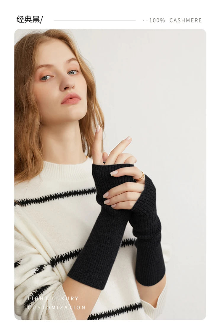 Winter Women 100% Cashmere Long Mitts 25cm Fine Knitted Fingerless Gloves Y2k Thermal Gloves Semi Finger Lengthen Arm Warmers Viralgem Store