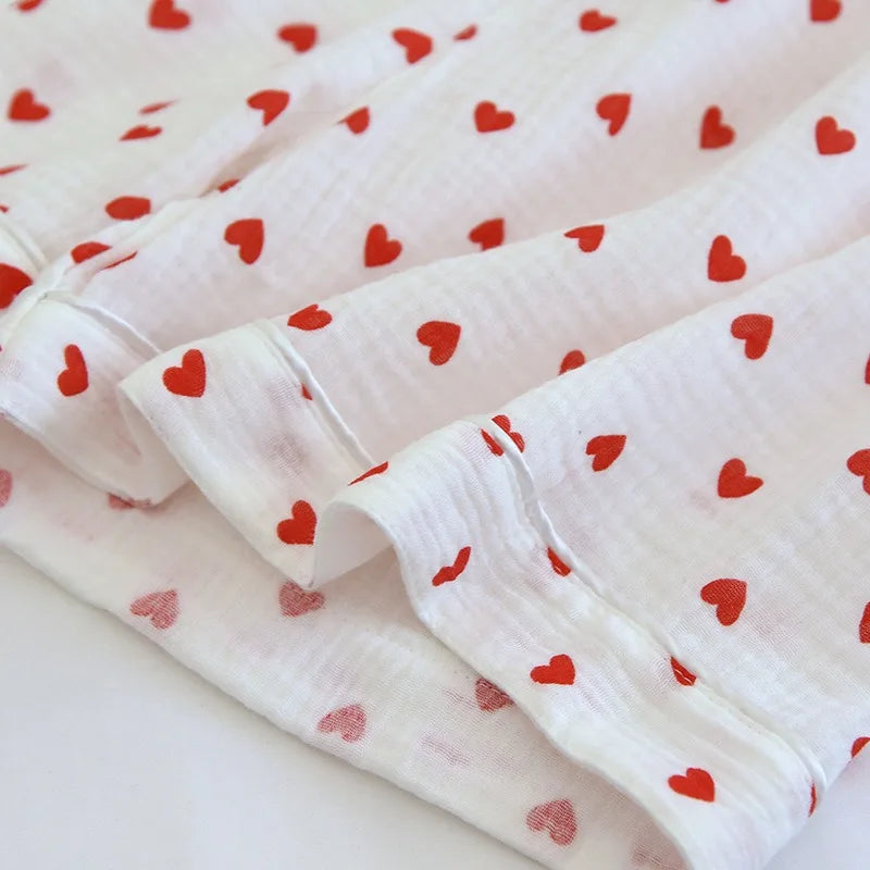 Summer Japanese Style Sweet Crepe Cotton Kimono Pajamas Lapel Cartoon Cute Printing Loose Loungewear Women 2 Piece Sleepwear