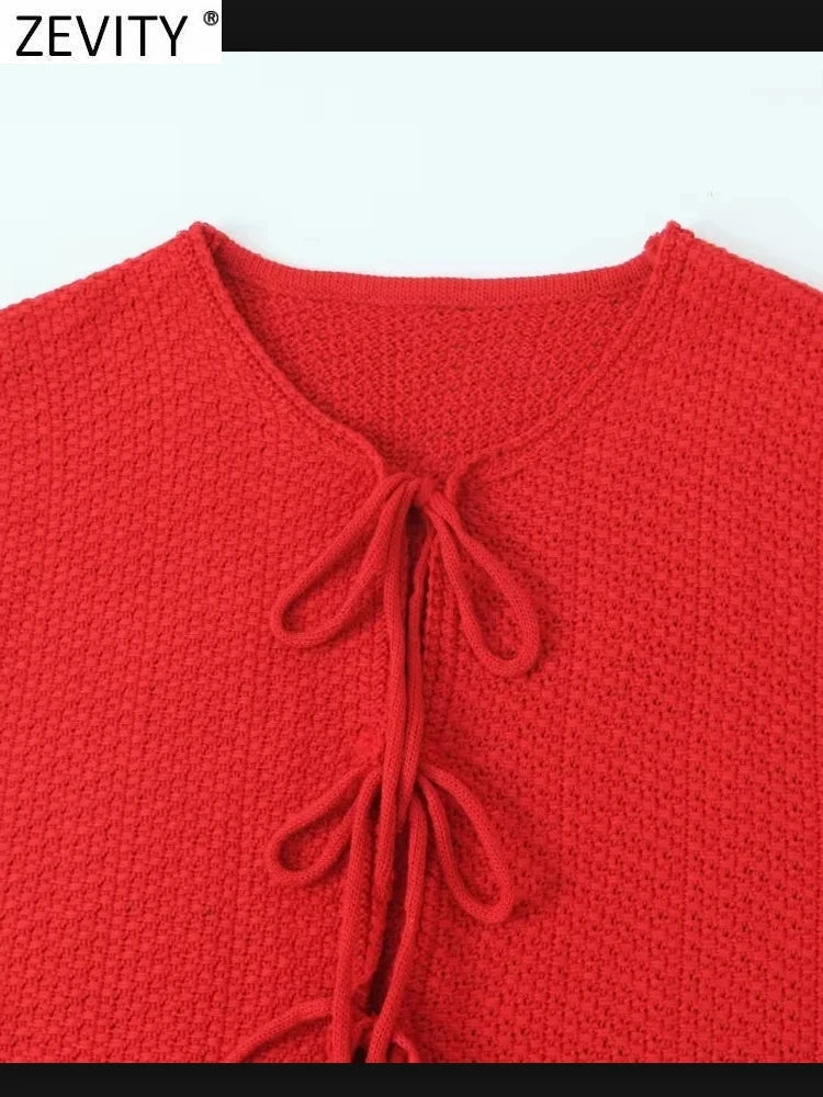 Zevity Women Euro Style V Neck Solid Sleeveless Bow Short Vest Jacket Ladies Retro Knitting Cardigan Slim WaistCoat Tops CT6203 Viralgem Store