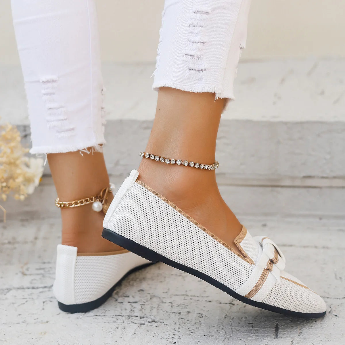 Women Flats 2024 New Knitted Slip Breathable Comfortable Solid Color Shoes Casual Pointed Toe Walking Loafers Sneakers Women Viralgem Store