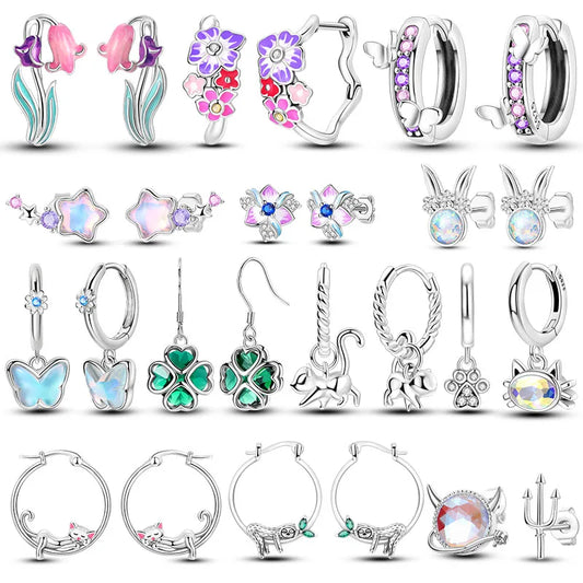 100% 925 Sterling Silver Earrings For Women Colorful Zircon flower Star Butterfly Cat Pendants Earrings Elegant Party Jewelry