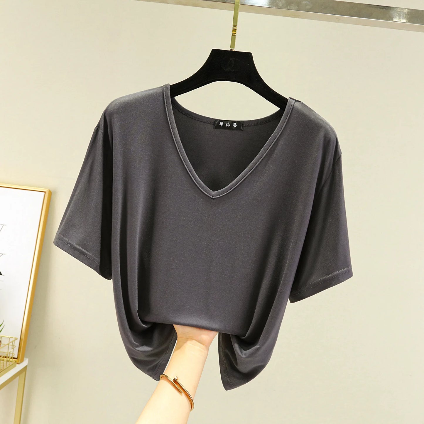 Women's T-shirt Modal V-Neck Short sleeves Tops Summer Casual T Shirts  Solid color Loose basic Bottoming Tees