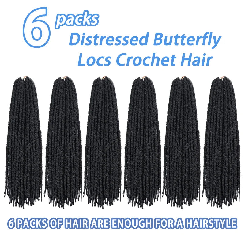 Synthetic Distressed Butterfly Locs Crochet Hair, 6 Packs Long Black Butterfly Jumbo Loc Light Weight Soft Faux Locs