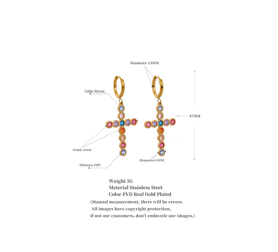 Yhpup Waterproof Colorful Cubic Zirconia Stainless Steel Cross Drop Hoop Earrings Fashion Daily Men Women Unisex Golden Jewelry