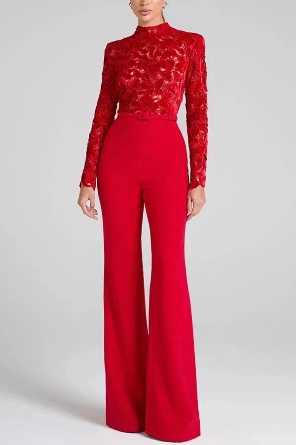 Embroidery Lace Red Jumpsuits Women Sexy Slim Long-sleeved Belt High Waist Jumpsuit Female 2025 Casual Lady Party Rompers Viralgem Store