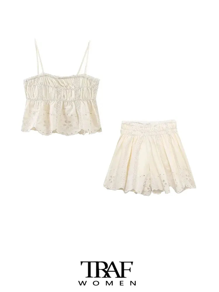 TRAF Women Fashion Embroidery Cropped Tank Tops And High Elastic Waist Shorts Female Two Piece Sets Mujer Viralgem Store