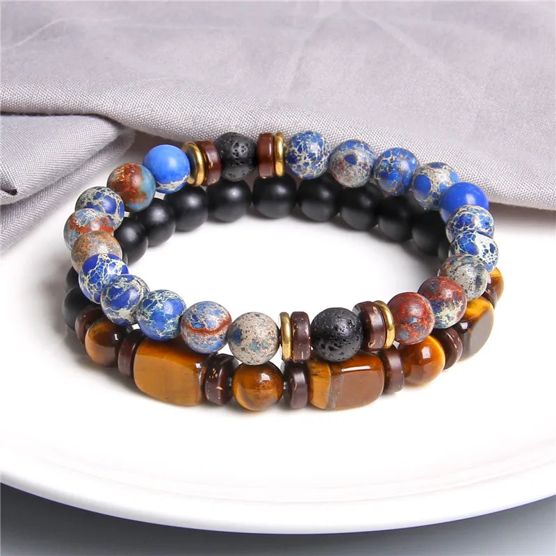 2 Chain Bracelets Friendship Jewelry Handmade Elastic Men Bangle Natural Tiger Eye Stone Beads Bracelet Unisex Pulsera Hombre Viralgem Store