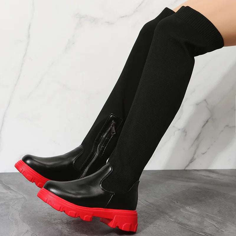 2024 Women's Boots Platform Shoes Over-the-knee Thigh High Knitting Socks Chunky Long Designer New Rock Plus Size Goth Lolita