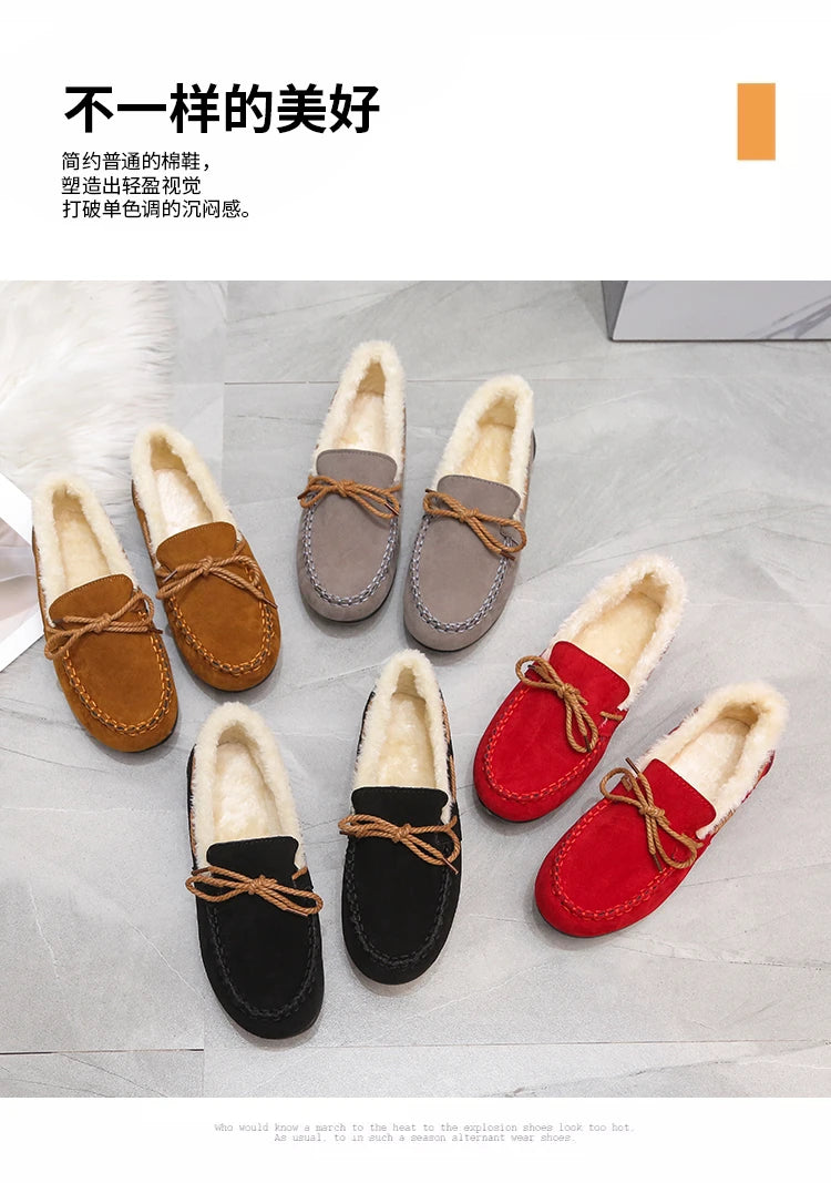 2023 autumn and winter new Doudou shoes women plus cashmere warm bow Korean version of casual shallow mouth flat lazy cotton sho