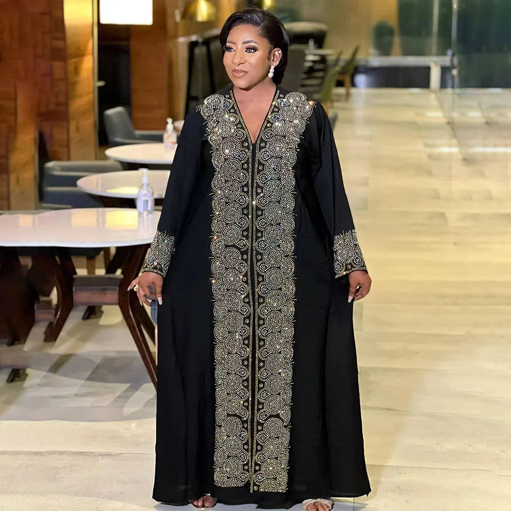 Africa women's dress luxury robe dress loose fashion V-neck diamond long sleeve Viralgem Store