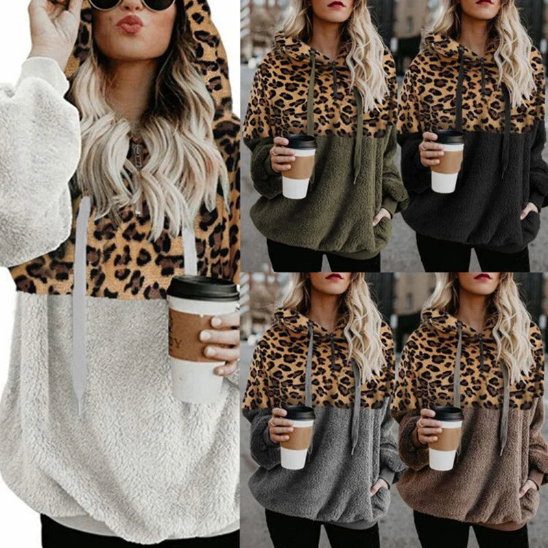 Women's Sweatshirt Autumn Winter American Style Leopard Montage Pocket Zipper Lint Thermal Hooded Sweatshirt