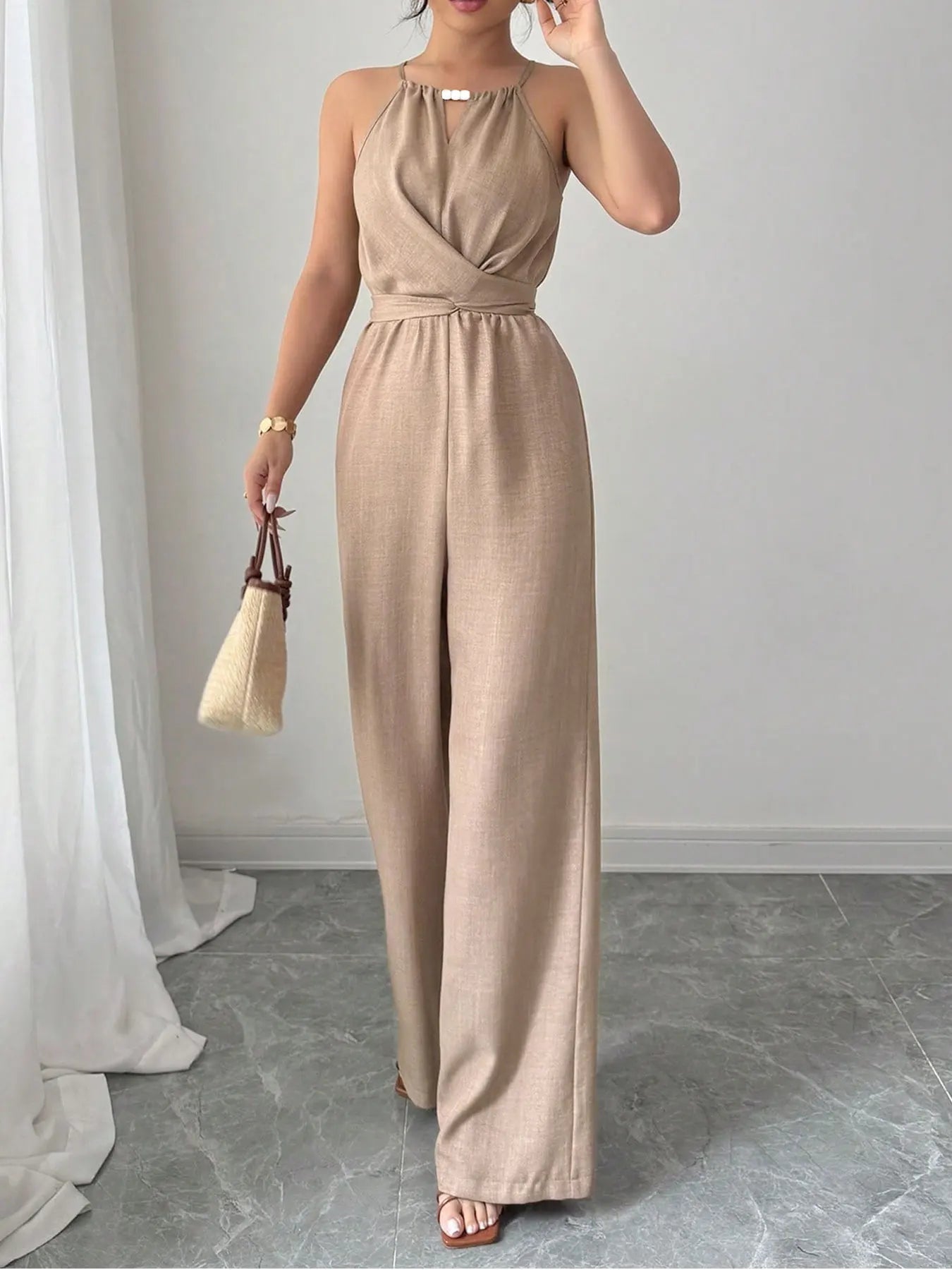 Women's Jumpsuits Summer Sleeveless Solid Fashion Bandage O- Neck Sexy Slim Folds Jumpsuits Casual Streetwear Simple Jumpsuits Viralgem Store