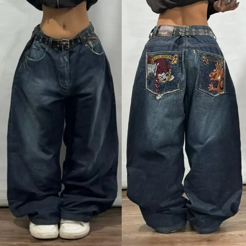 Y2K American New Pattern Printing Washed Baggy Jeans Men Harajuku Vintage Hip Hop Rock Popular Gothic High Waist Wide Leg Pants