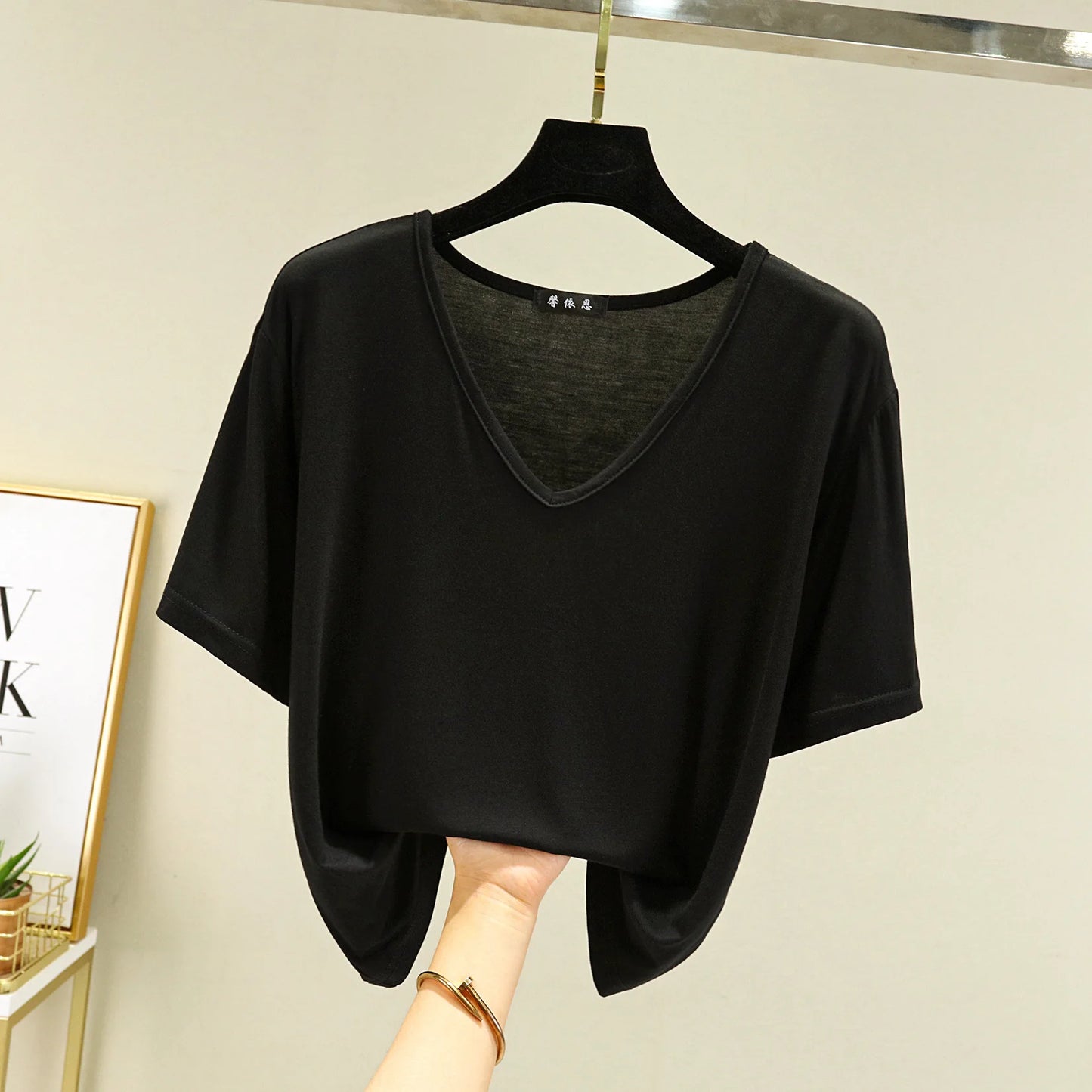 Women's T-shirt Modal V-Neck Short sleeves Tops Summer Casual T Shirts  Solid color Loose basic Bottoming Tees